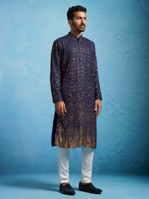 Men's Navy Blue And Cream Georgette Kurta Pyjama Set