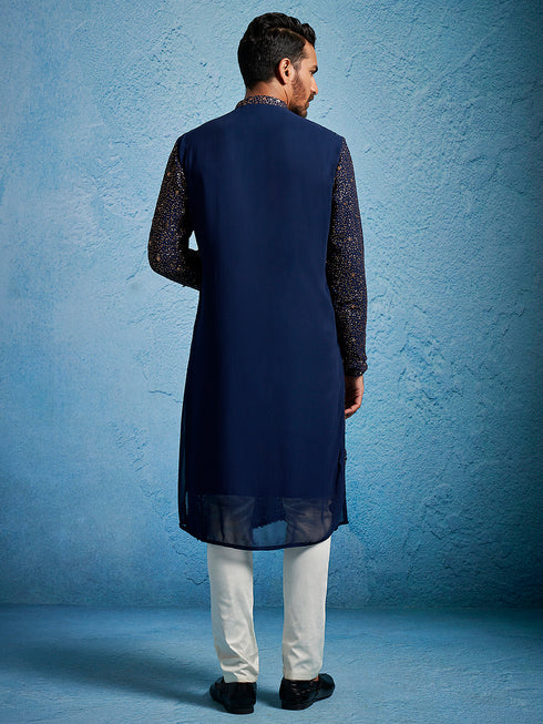 Men's Navy Blue And Cream Georgette Kurta Pyjama Set