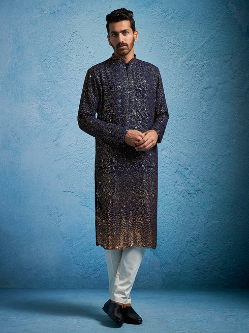 Men's Navy Blue And Cream Georgette Kurta Pyjama Set