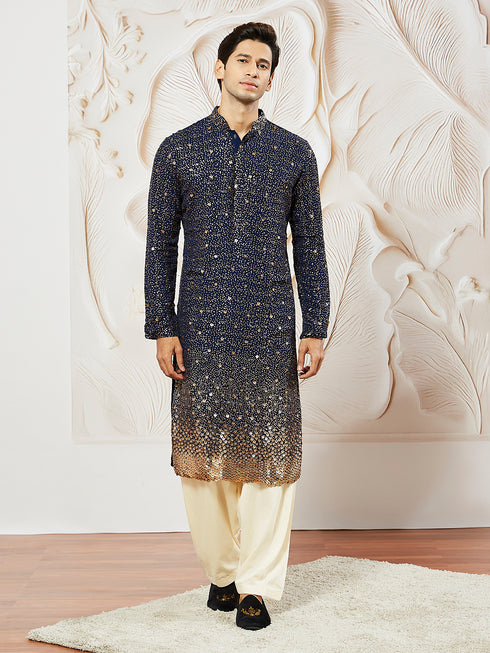 Men's Navy Blue Georgette Zari With Sequins Worked Kurta Patiala Set