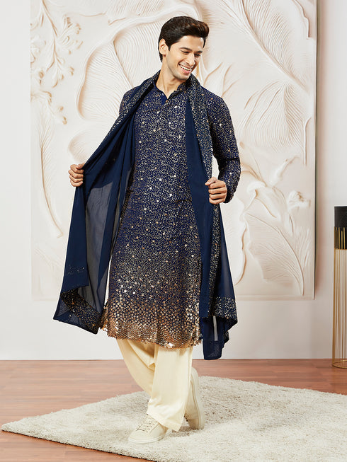 Men's Navy Blue Georgette Kurta Patiala And Dupatta Set