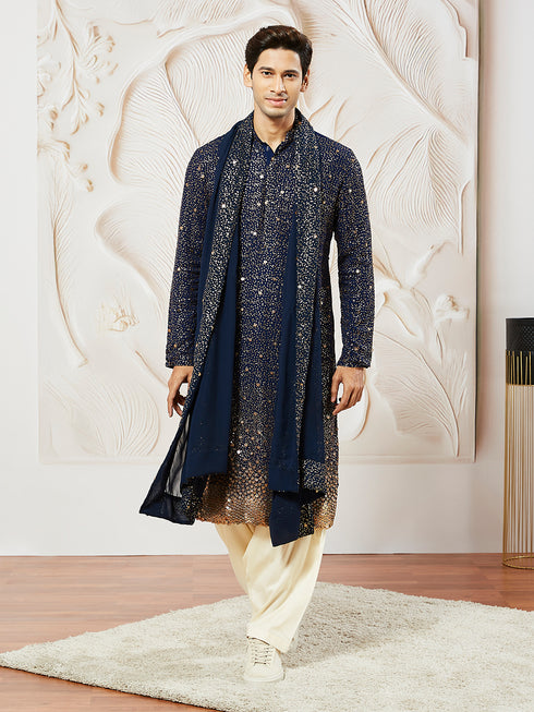 Men's Navy Blue Georgette Kurta Patiala And Dupatta Set