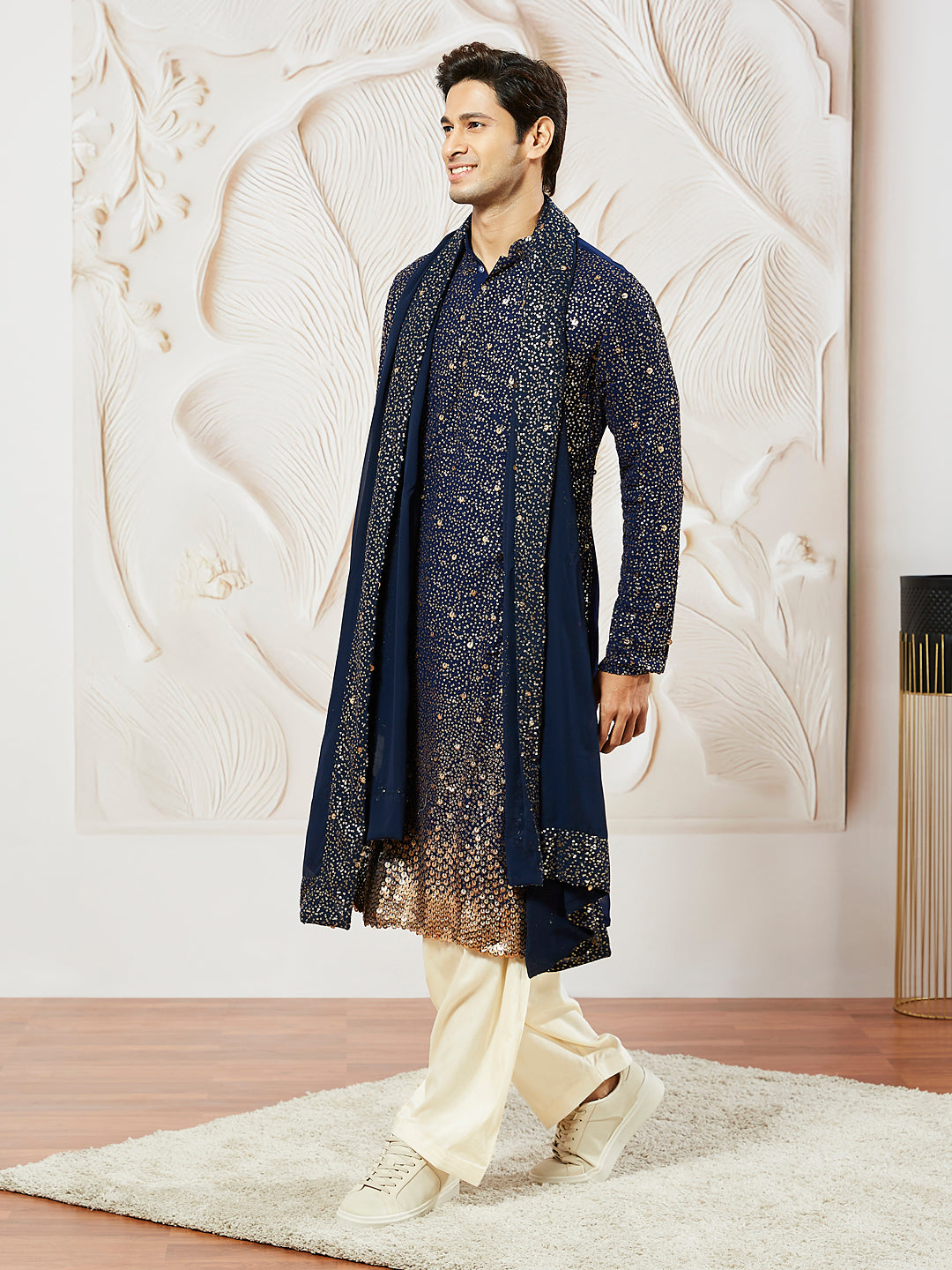 Men's Navy Blue Georgette Kurta Patiala And Dupatta Set
