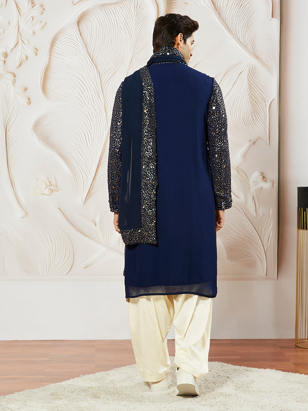 Men's Navy Blue Georgette Kurta Patiala And Dupatta Set