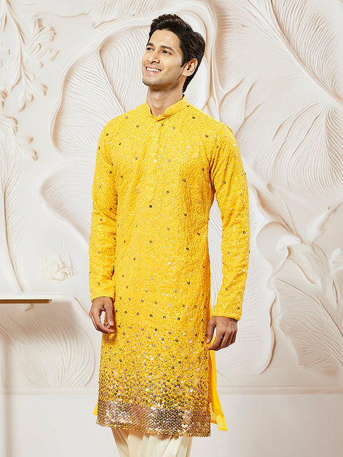 Men's Yellow Georgette Zari With Sequins Worked Kurta