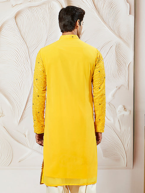 Men's Yellow Georgette Zari With Sequins Worked Kurta