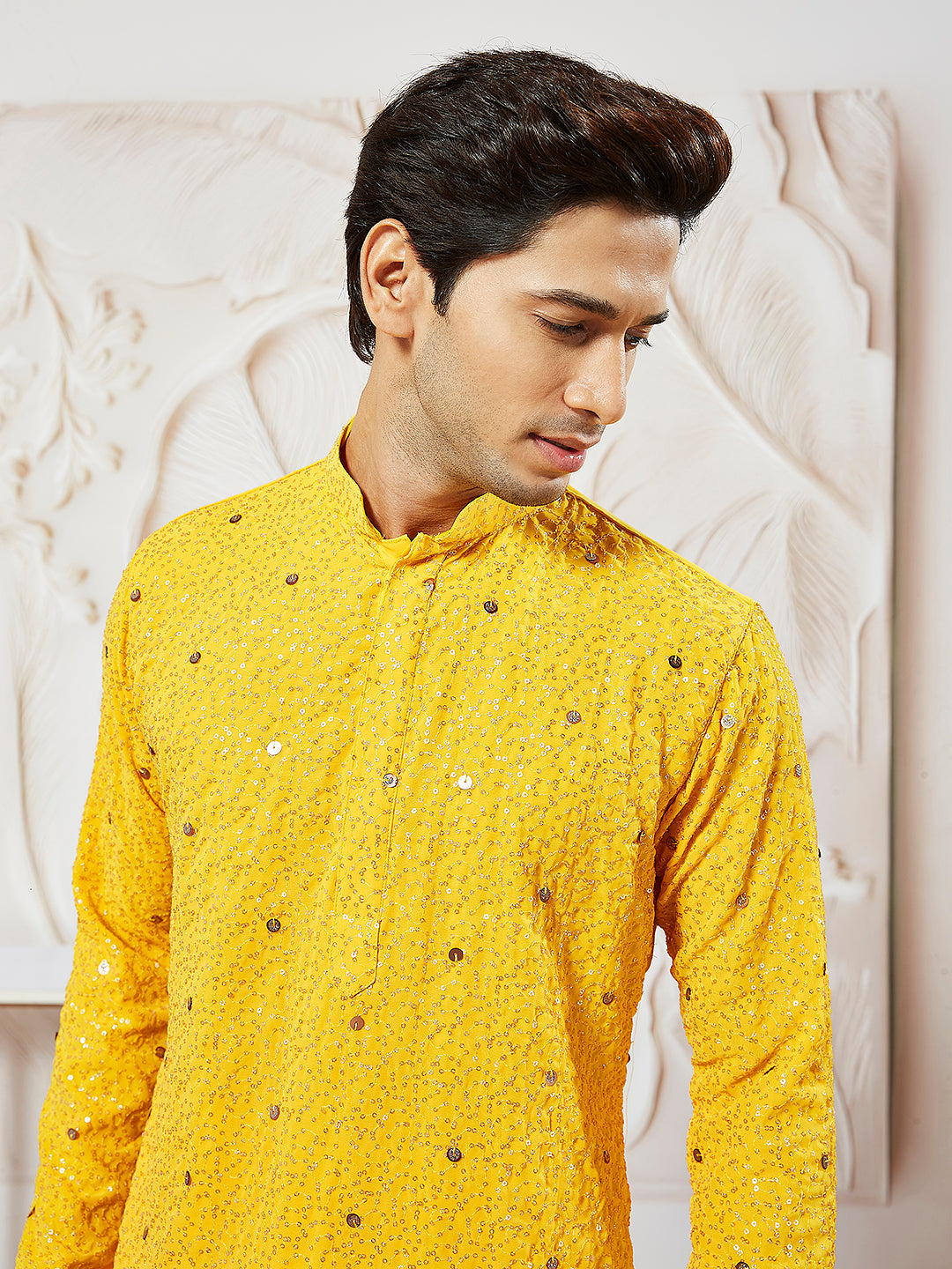 Men's Yellow Georgette Zari With Sequins Worked Kurta Patiala Set