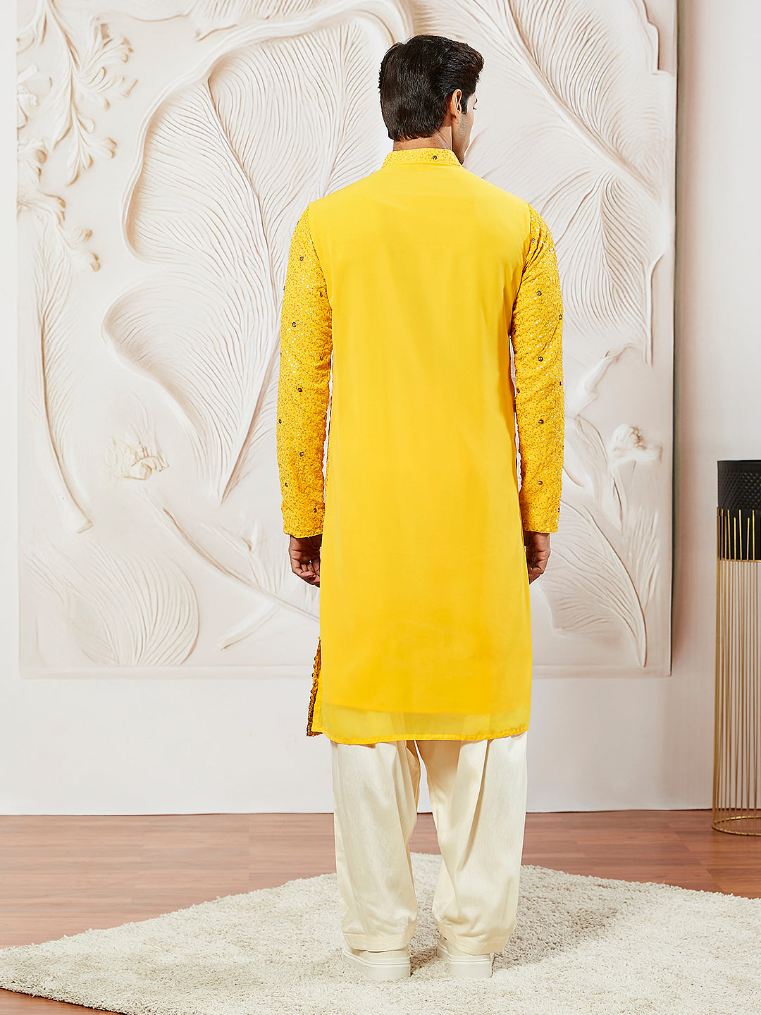 Men's Yellow Georgette Zari With Sequins Worked Kurta Patiala Set