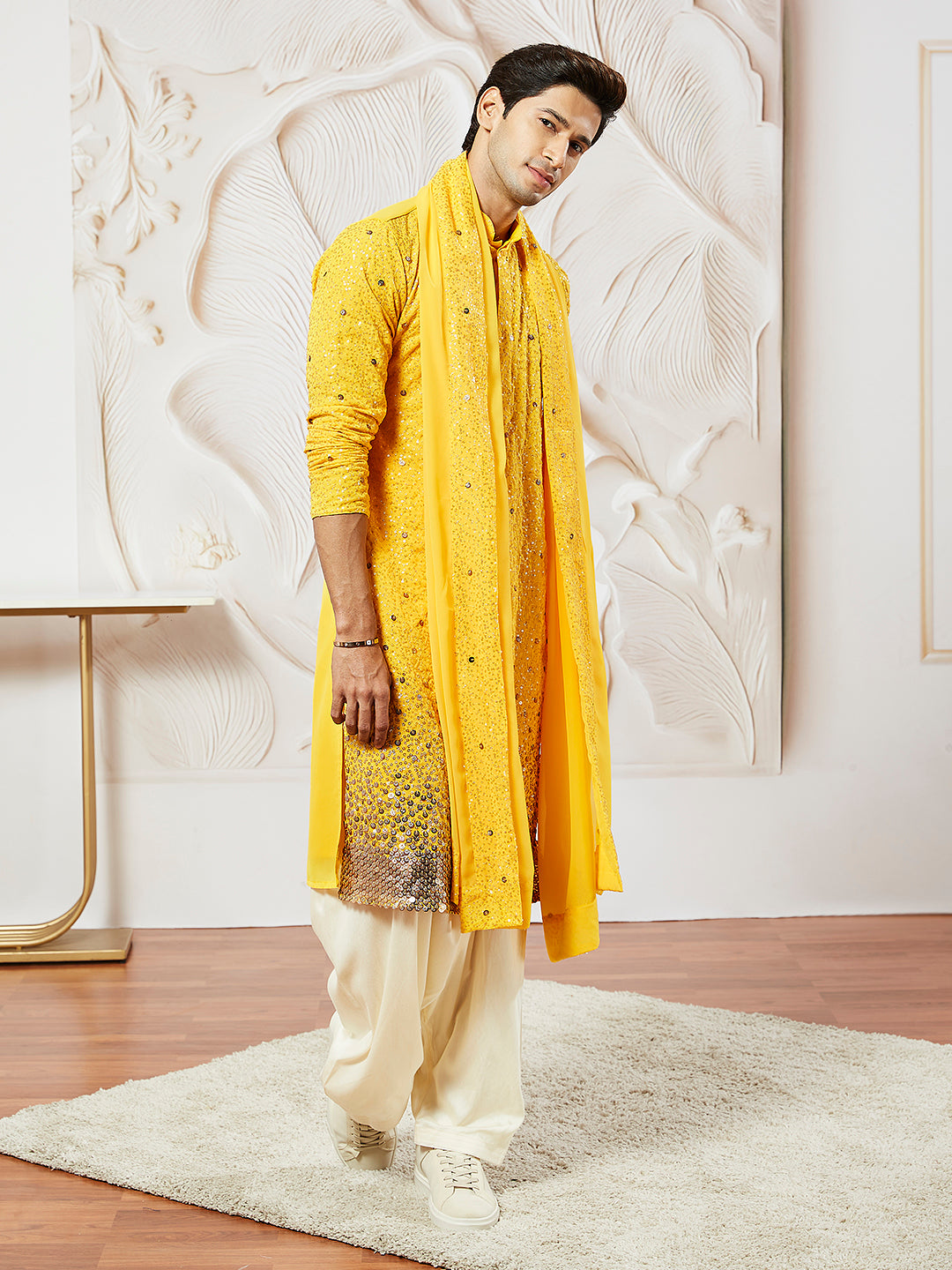 Men's Yellow Georgette Kurta Patiala And Dupatta Set