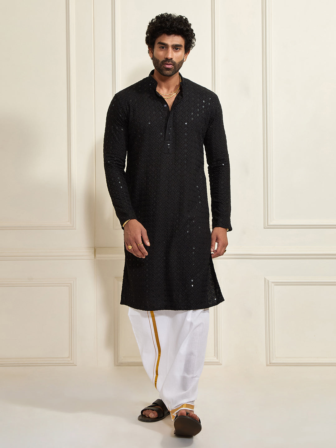 Men's Black Rayon Cotton Kurta And Mundu Set
