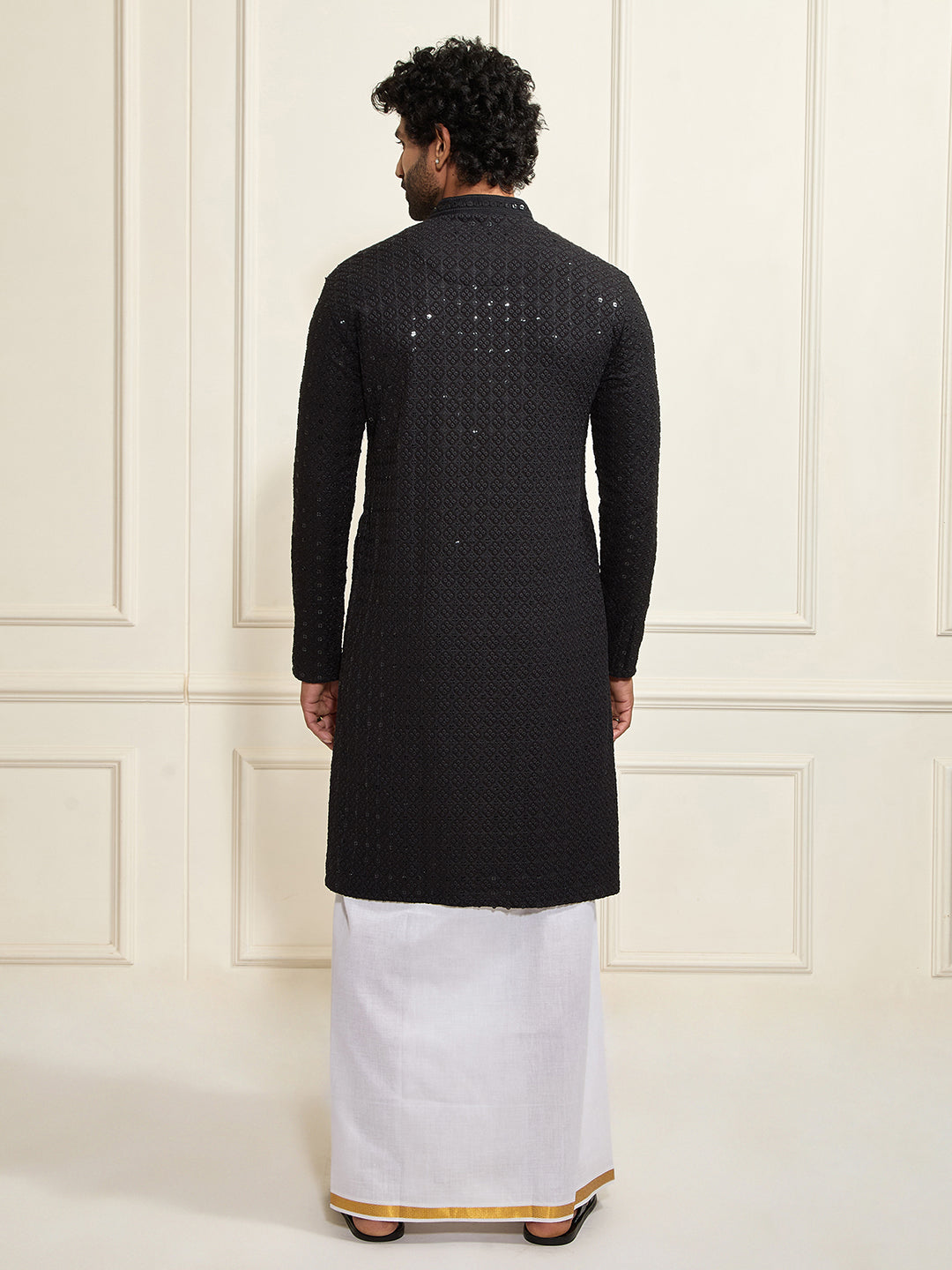 Men's Black Rayon Cotton Kurta And Mundu Set