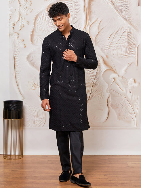 Men's Black And White Rayon Cotton Kurta Pyjama Set