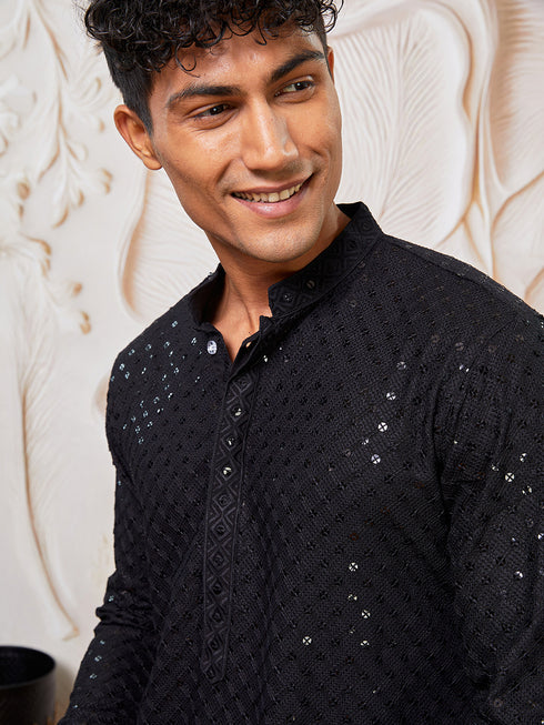 Men's Black And White Rayon Cotton Kurta Patiala Set