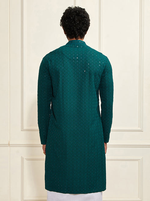 Men's Green Rayon Schiffli Kurta