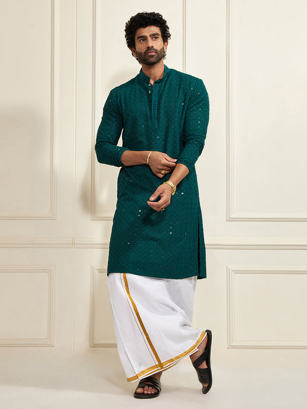 Men's Green Rayon Cotton Kurta And Mundu Set