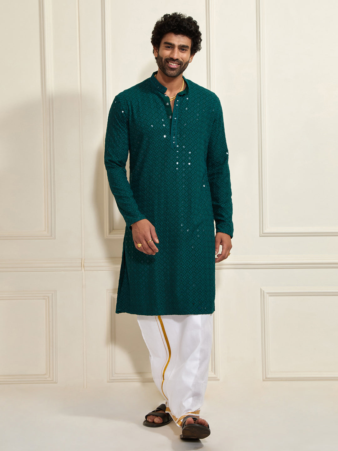 Men's Green Rayon Cotton Kurta And Mundu Set