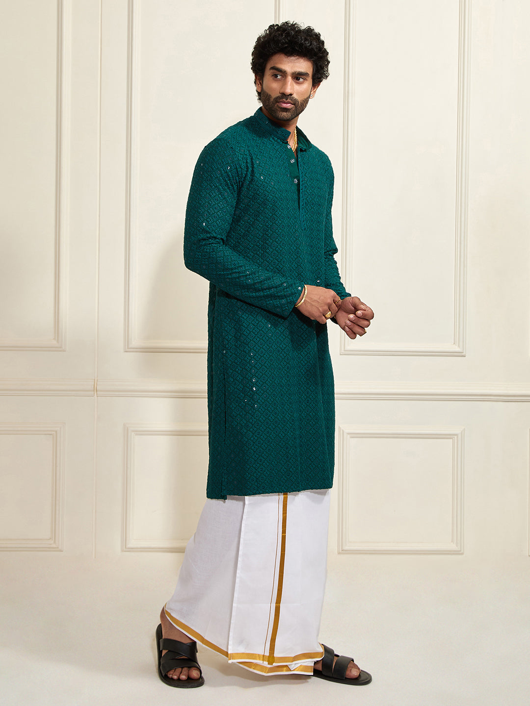 Men's Green Rayon Cotton Kurta And Mundu Set