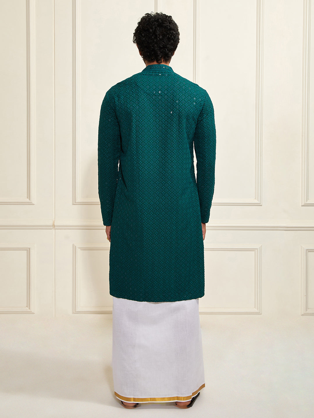 Men's Green Rayon Cotton Kurta And Mundu Set