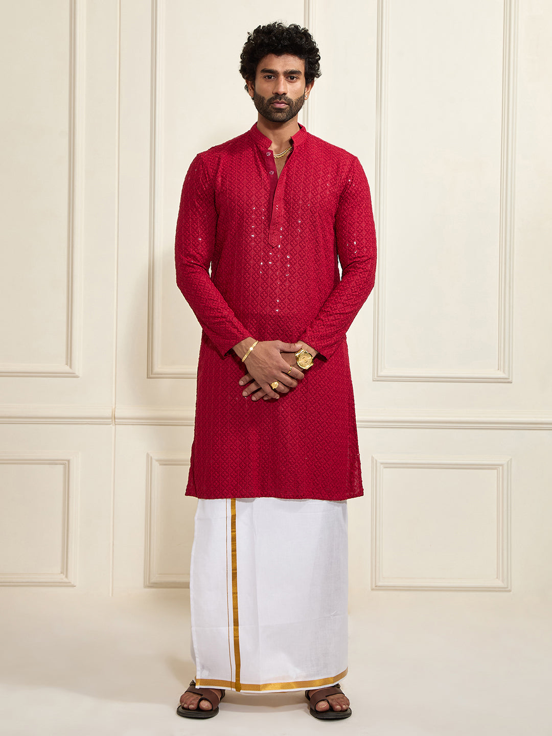 Men's Maroon Rayon Cotton Kurta And Mundu Set