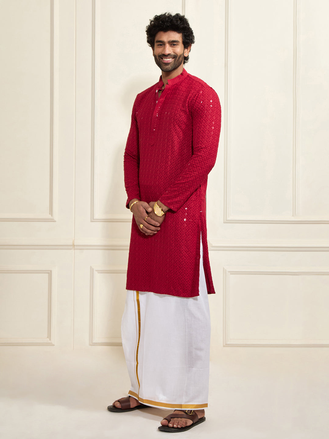 Men's Maroon Rayon Cotton Kurta And Mundu Set