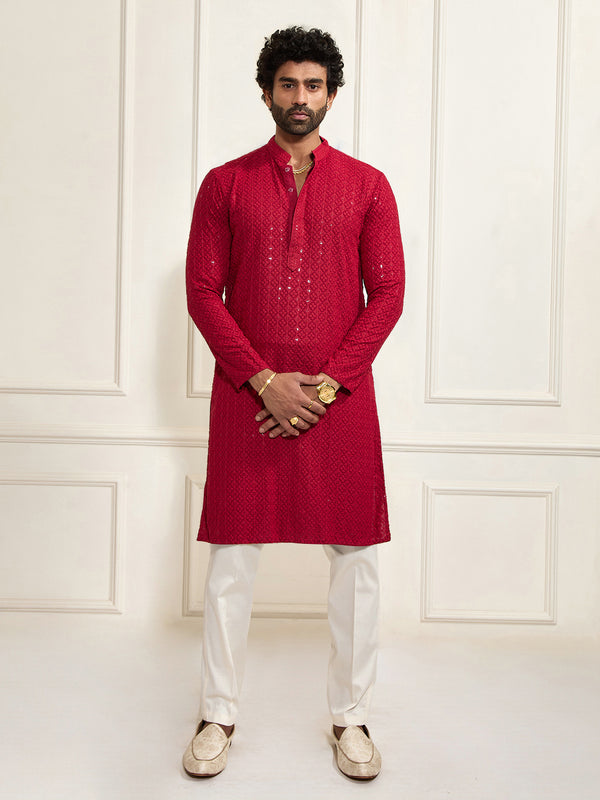 Men's Maroon And White Rayon Cotton Kurta Pyjama Set