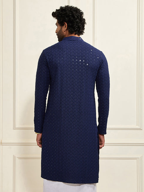 Men's Navy Blue Rayon Schiffli Kurta