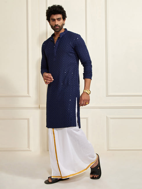 Men's Navy Blue Rayon Schiffli Kurta