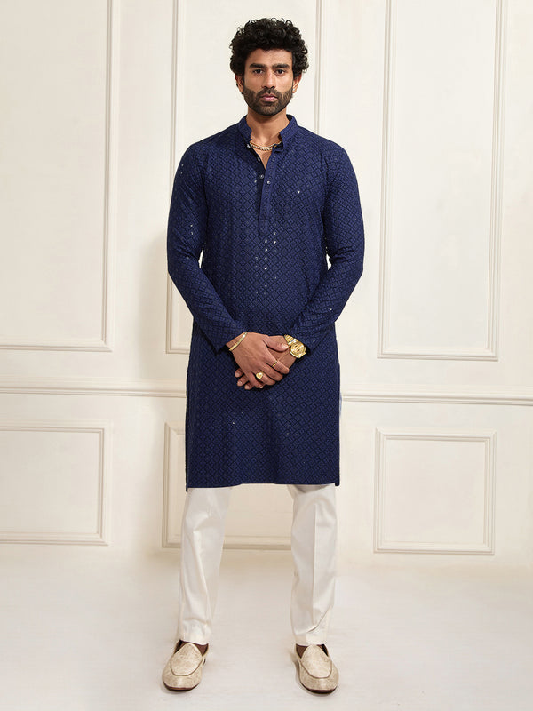Men's Navy Blue And White Rayon Cotton Kurta Pyjama Set