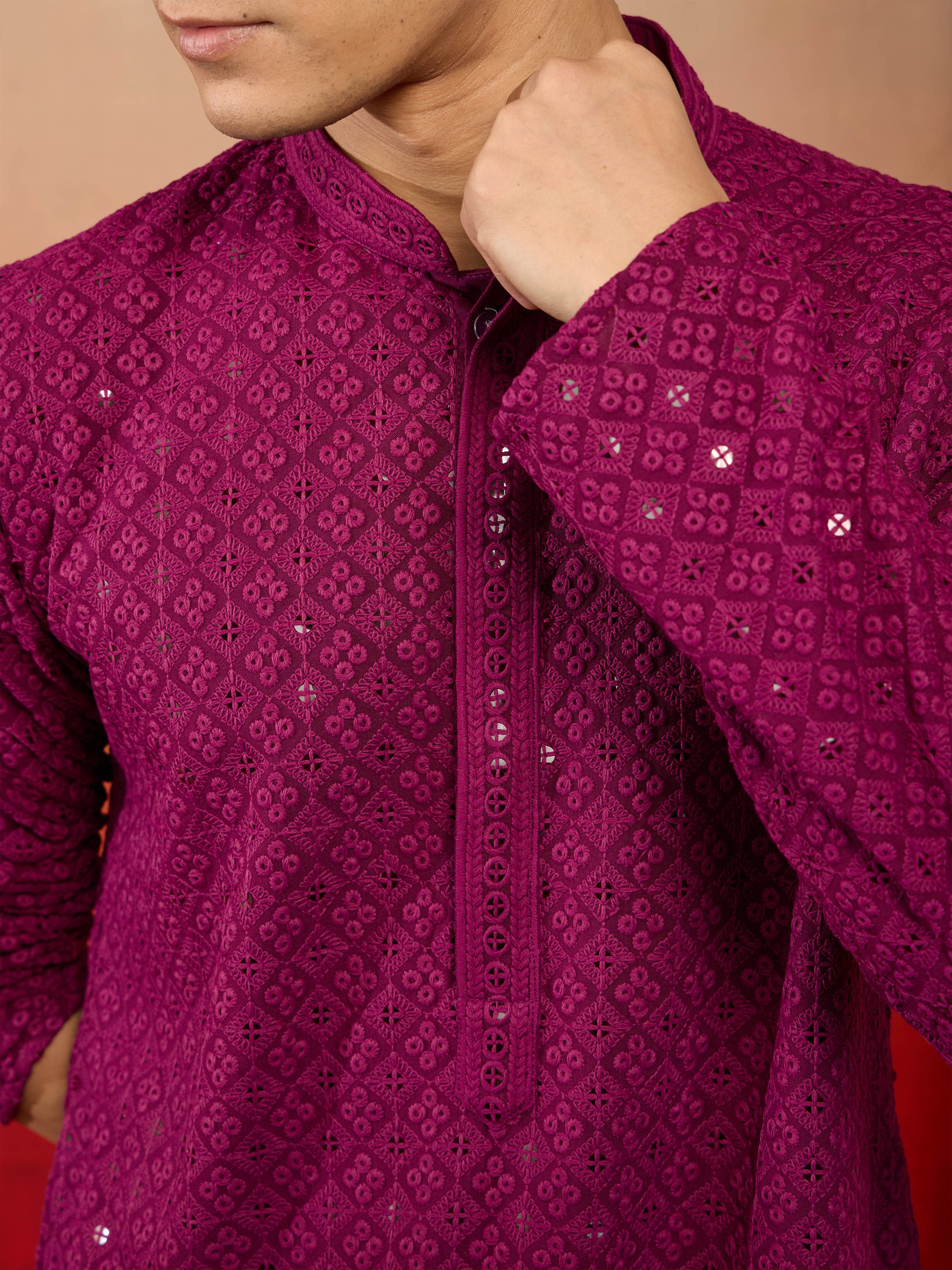 Men's Purple Sequin Embroidered Long Kurta