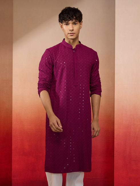 Men's Purple Sequin Embroidered Long Kurta