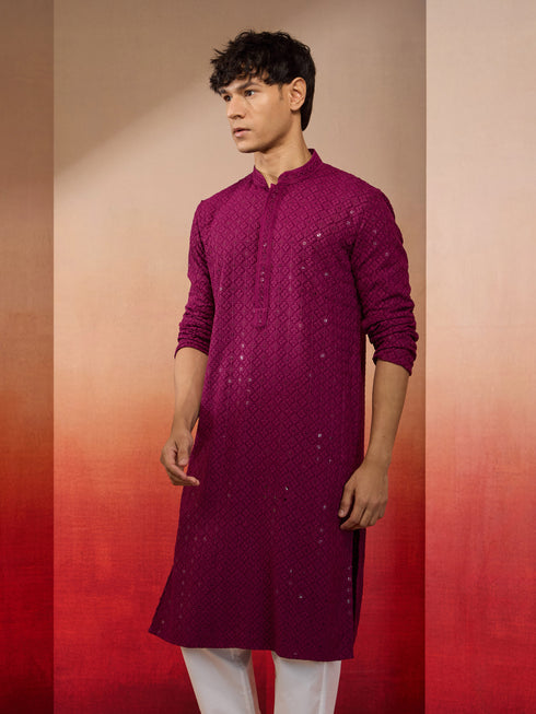 Men's Purple Sequin Embroidered Long Kurta