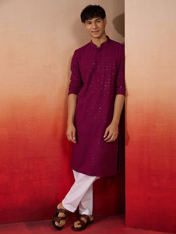 Men's Purple Rayon Sequin Embroidered Kurta with White Trousers