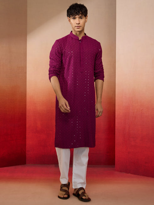 Men's Purple Rayon Sequin Embroidered Kurta with White Trousers