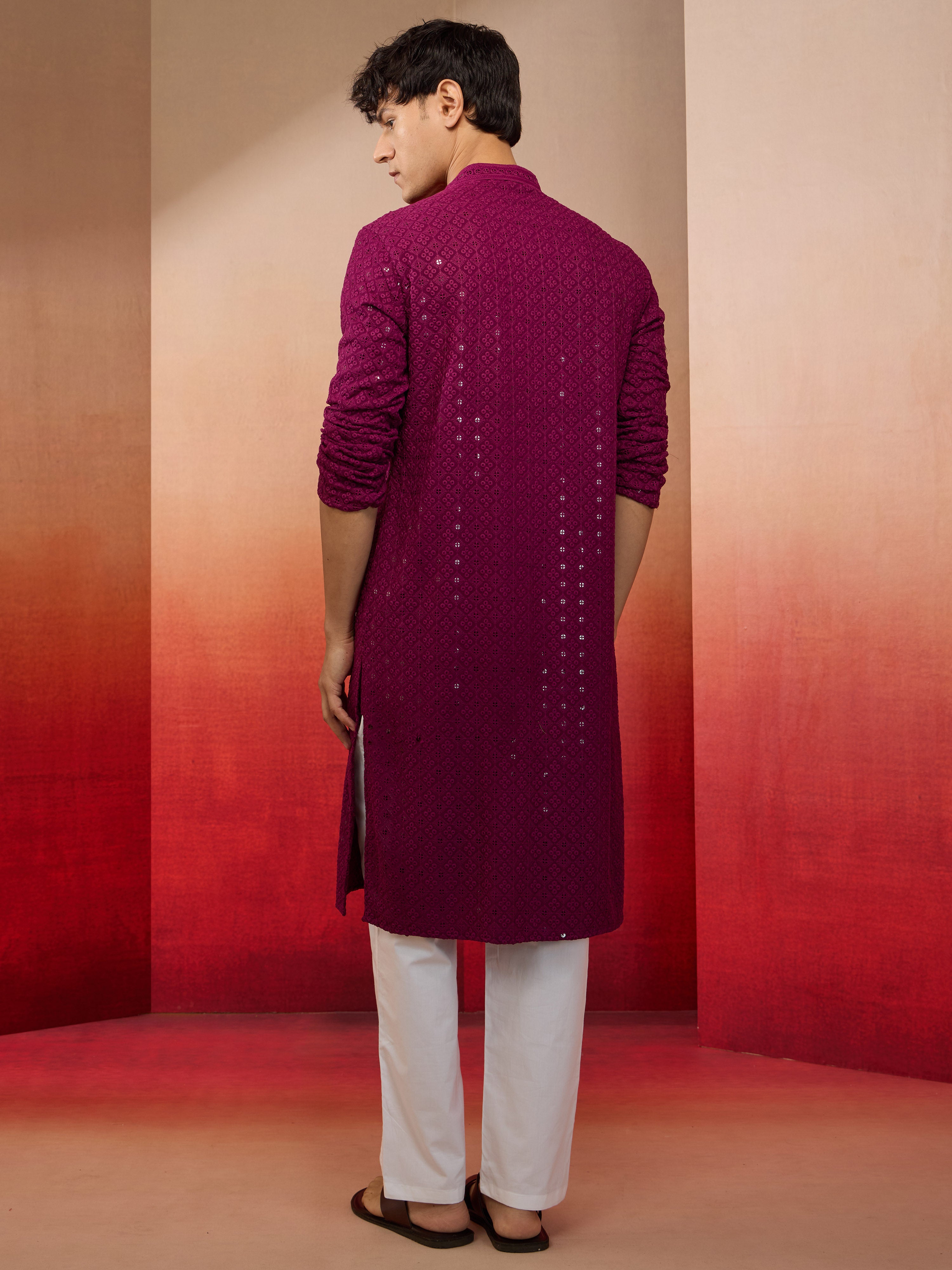 Men's Purple Rayon Sequin Embroidered Kurta with White Trousers