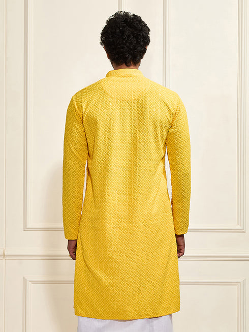 Men's Yellow Rayon Schiffli Kurta