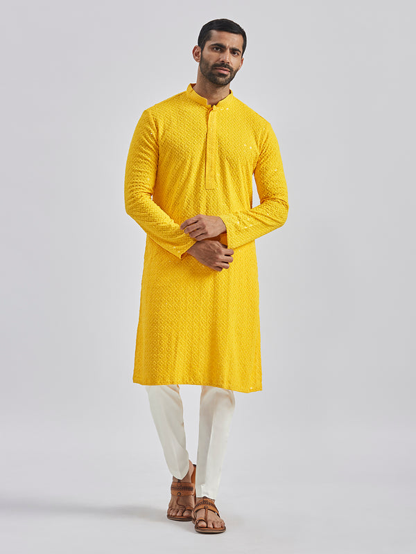 Men's Yellow And White Rayon Cotton Kurta Pyjama Set