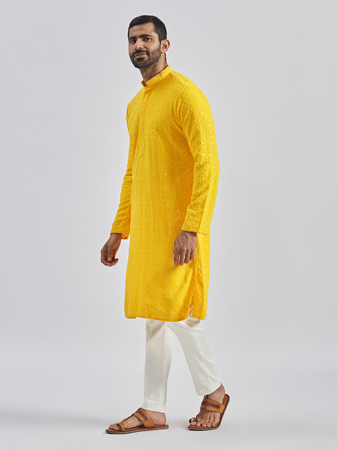 Men's Yellow And White Rayon Cotton Kurta Pyjama Set
