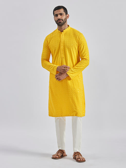Men's Yellow And White Rayon Cotton Kurta Pyjama Set