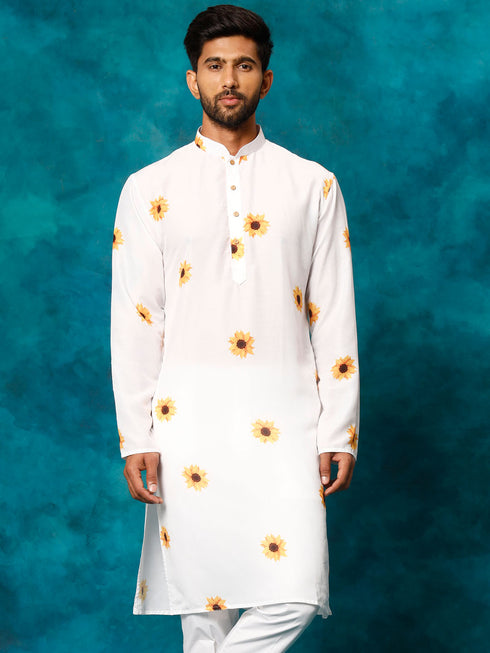 Men's White Cotton Blend Sunflower Print Kurta
