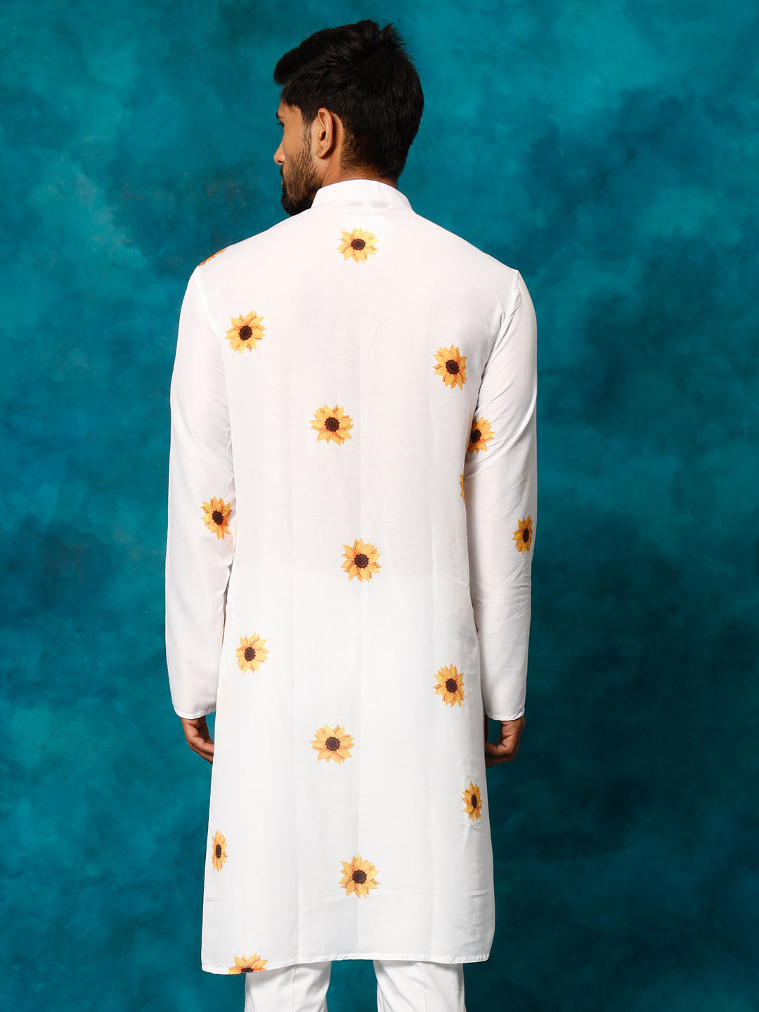 Men's White Cotton Blend Sunflower Print Kurta