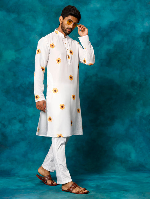 Men's White Cotton Blend Sunflower Print Kurta