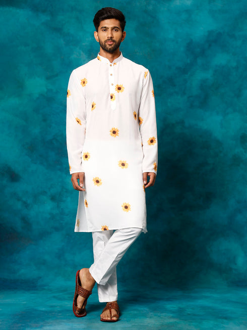 Men's White Cotton Blend Sunflower Print Kurta Pant Set