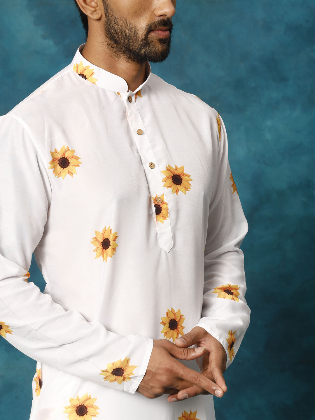 Men's White Cotton Blend Sunflower Print Kurta Pant Set