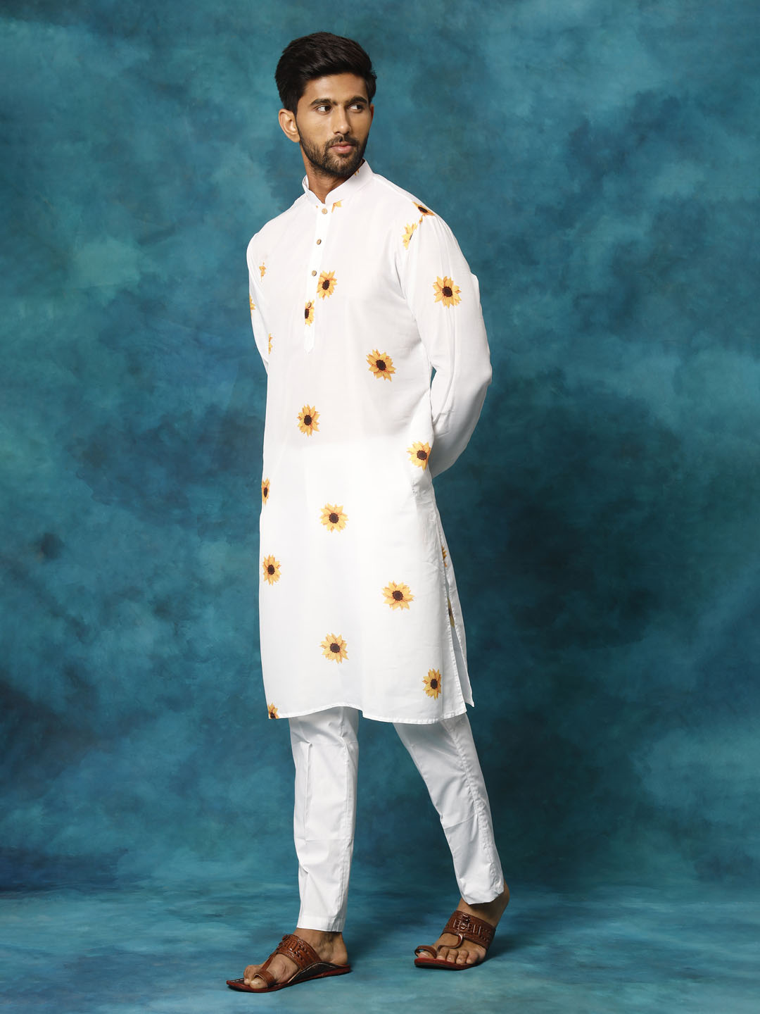 Men's White Cotton Blend Sunflower Print Kurta Pant Set