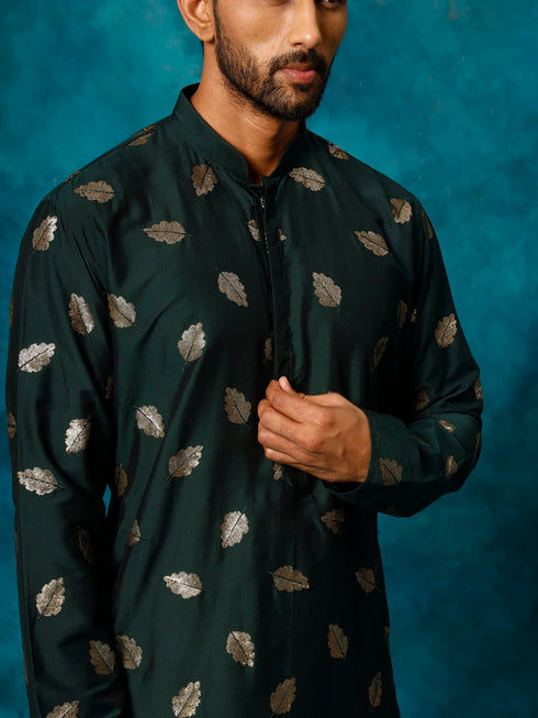 Men's Green Leaf Motif Embellished Kurta