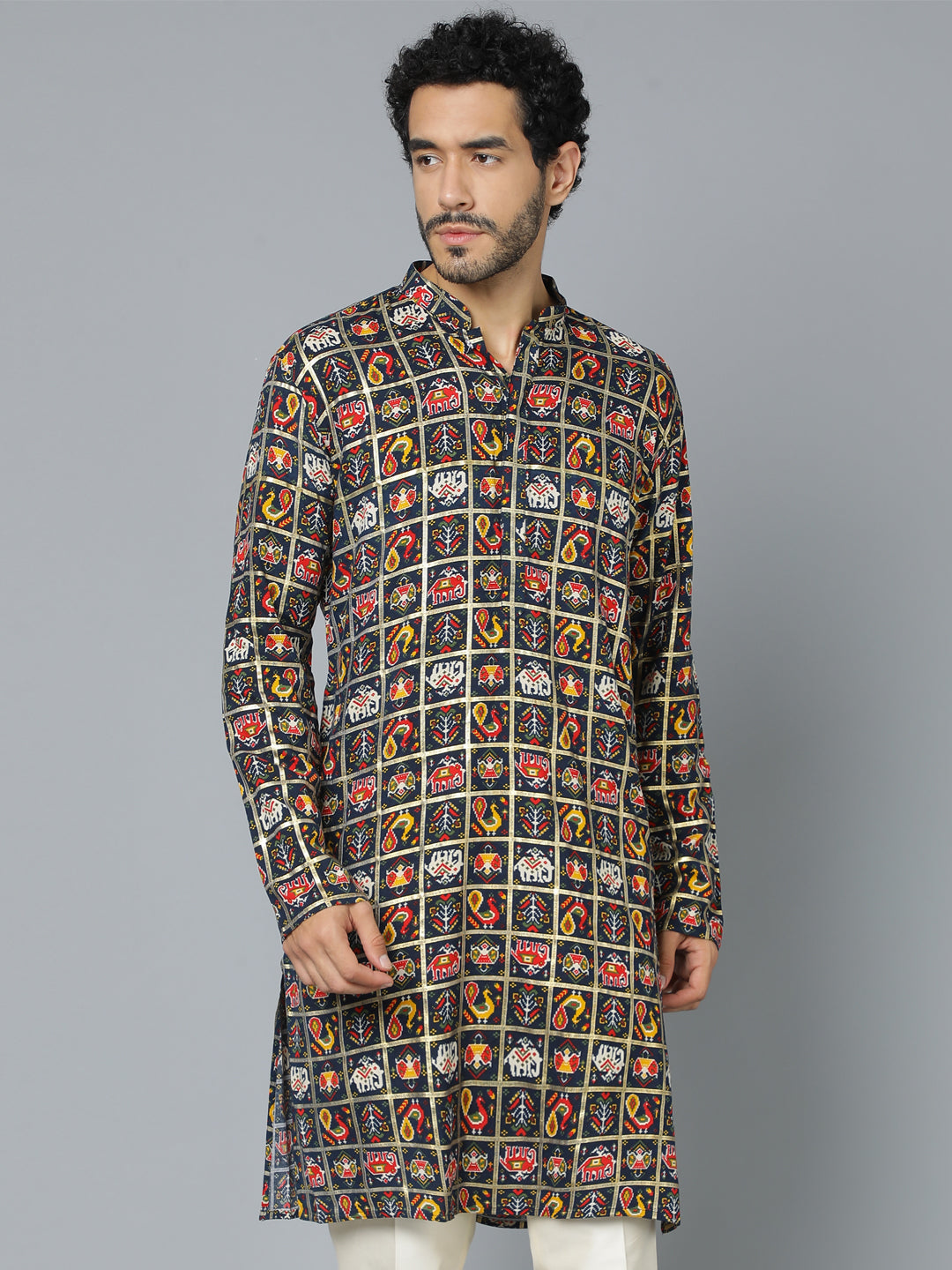 Men's Navy Blue Patola Print Ethnic Kurta
