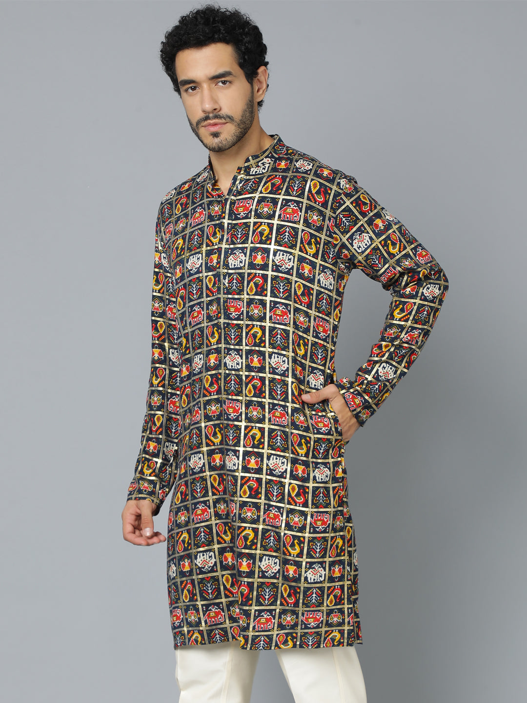 Men's Navy Blue Patola Print Ethnic Kurta