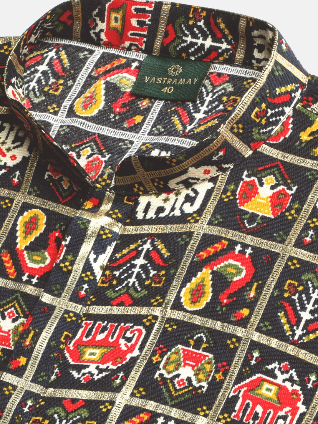 Men's Navy Blue Patola Print Ethnic Kurta