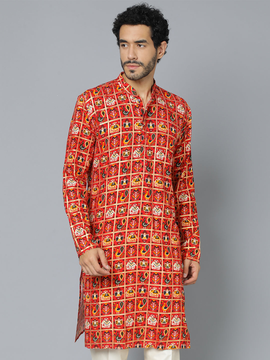 Men's Red Patola Print Ethnic Kurta