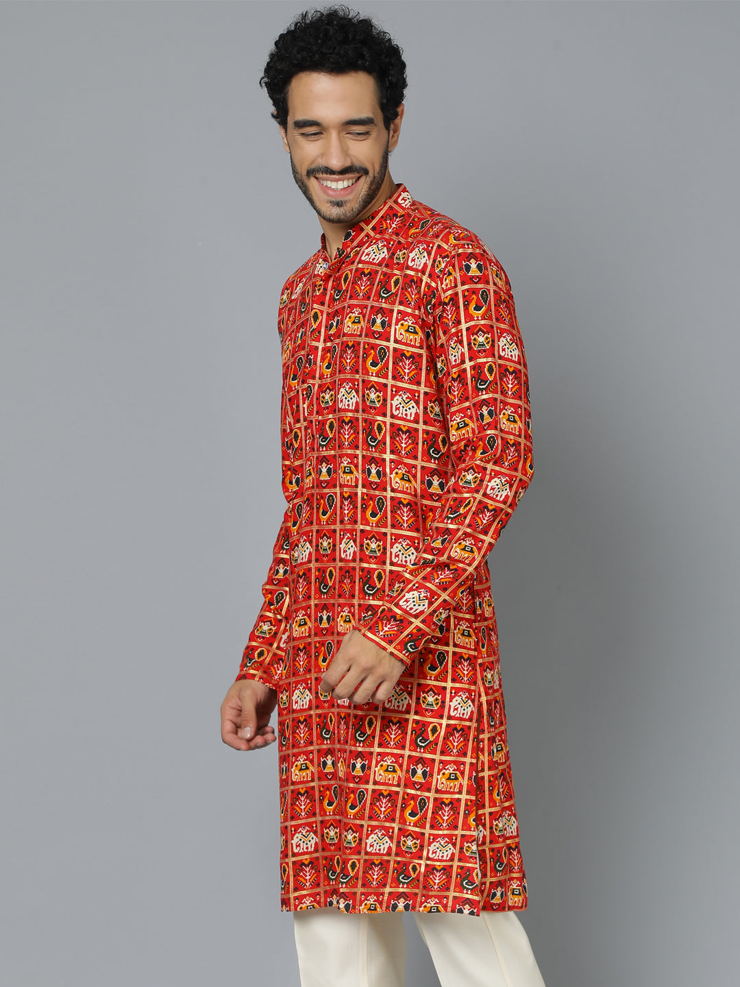 Men's Red Patola Print Ethnic Kurta